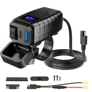12V-24V Motorcycle Charger, Dual USB & USB-C Motorcycle Power Socket, with LED Voltage Display And Switch