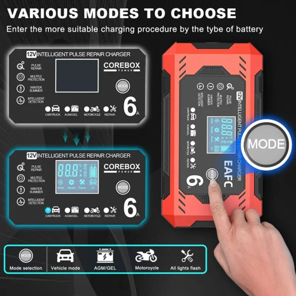 12V Motorcycle Battery Charger 6A Smart Charger with LCD Display for Lead-Acid Batteries